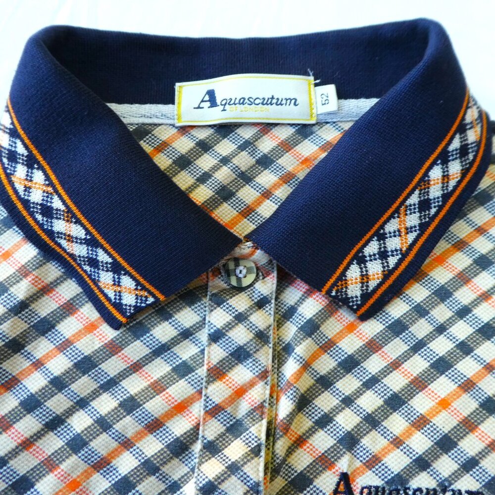 Aquascutum of London Check Designer Button Front Knit Collar Plaid Border 52 USM